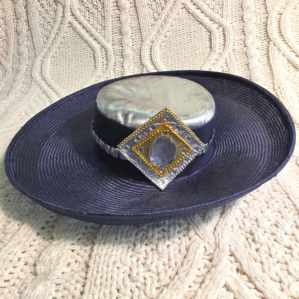 VTG 80s Sonni San Francisco Straw Wide Brim Hat Navy Blue Rhinestone Jewel Women